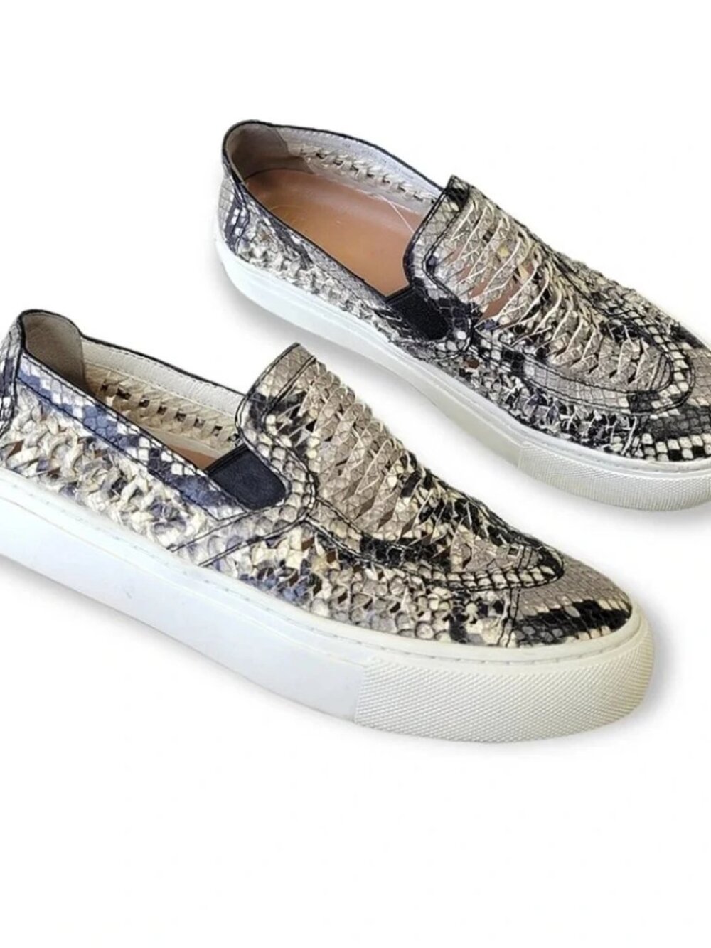 Womens Tory Burch Huarache Beige Blk Leather Snakeskin Print Slip-On Sneaker 8.5